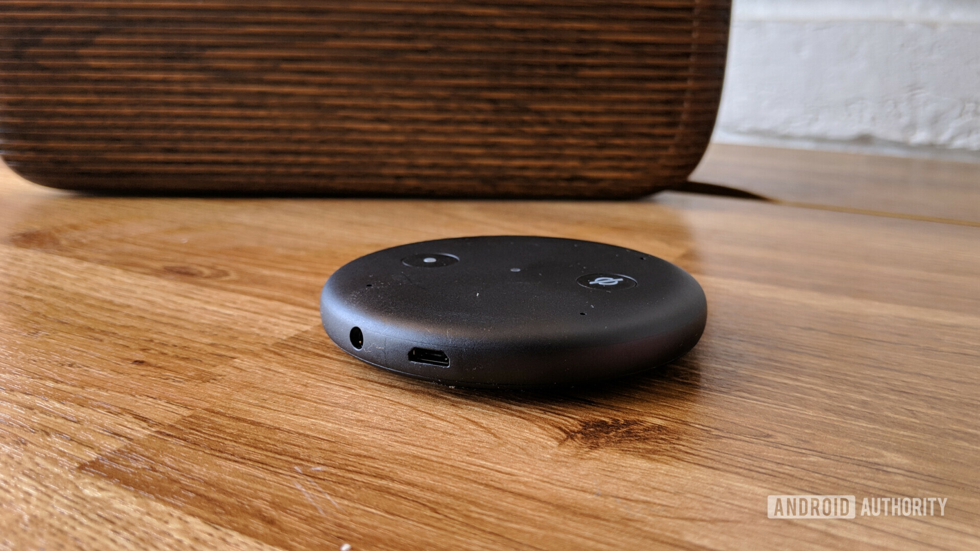 Side photo of the Amazon Echo Input ports featuring micro USB and 3.5mm audio jack.