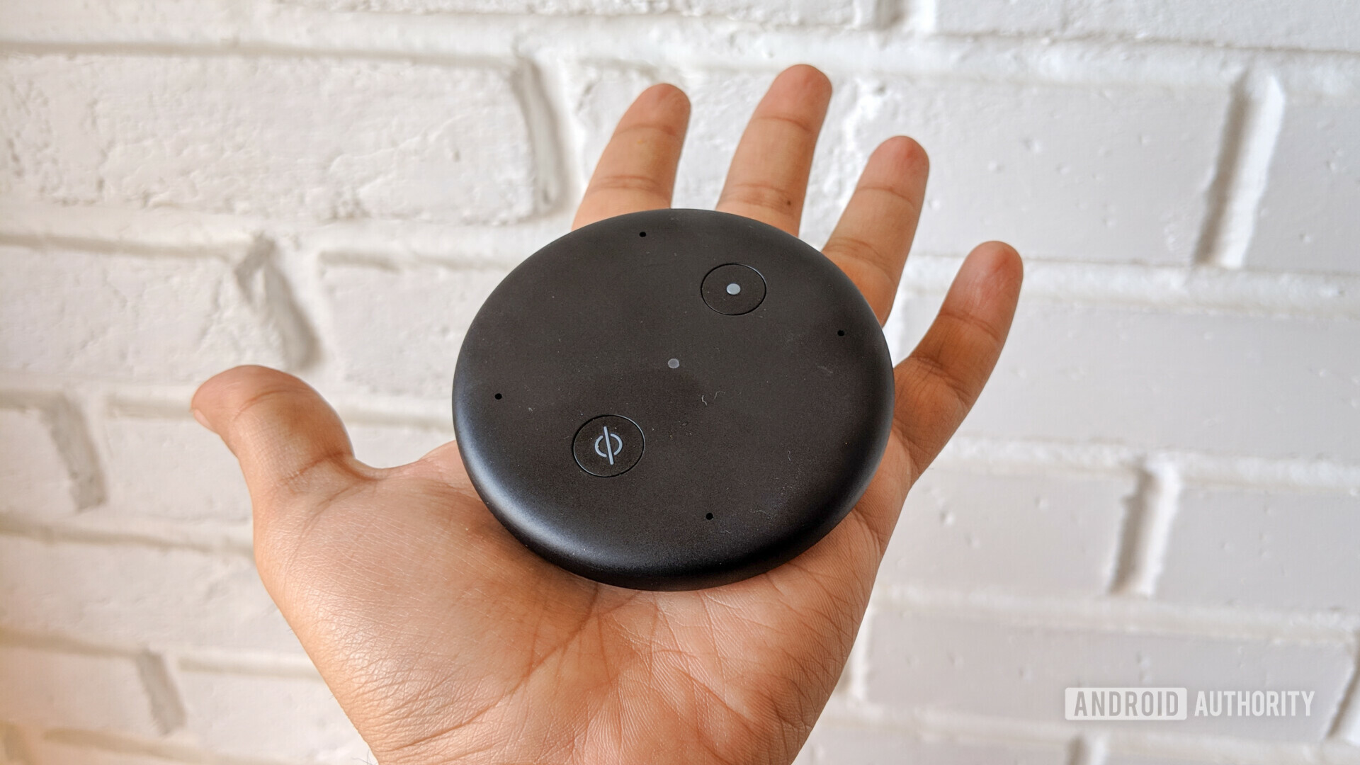 Photo of the Amazon Echo Input held in a hand for size comparion.