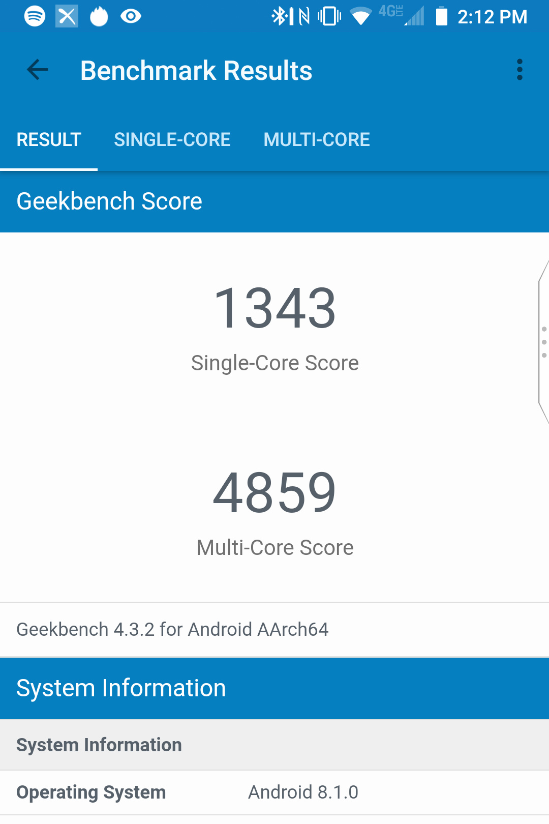 Screenshot of the BlackBerry Key2 LE Geekbench benchmark results