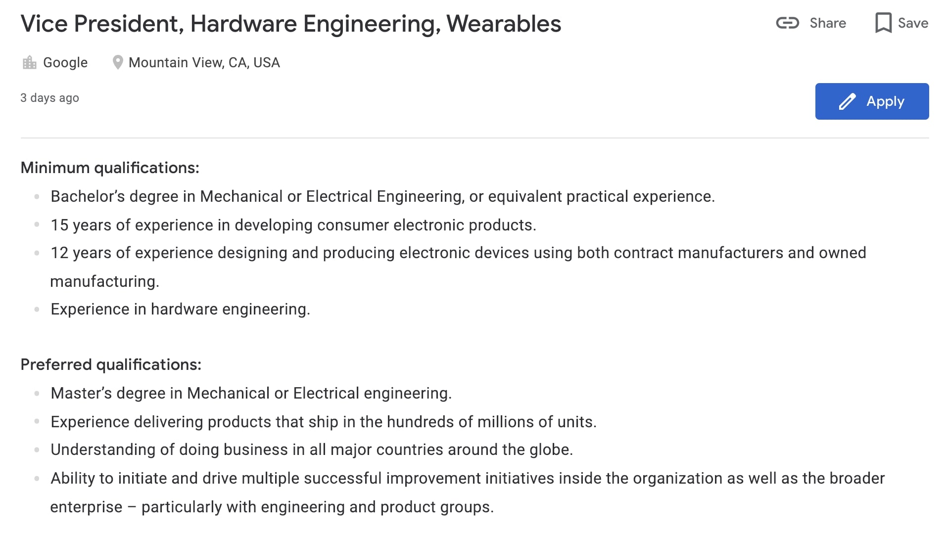 Google Careers Listing for Vice President of Hardware Engineering, Wearables 