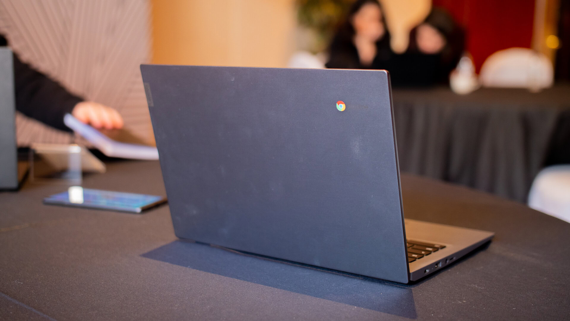 Backside photo of an opened Lenovo 14e Chromebook