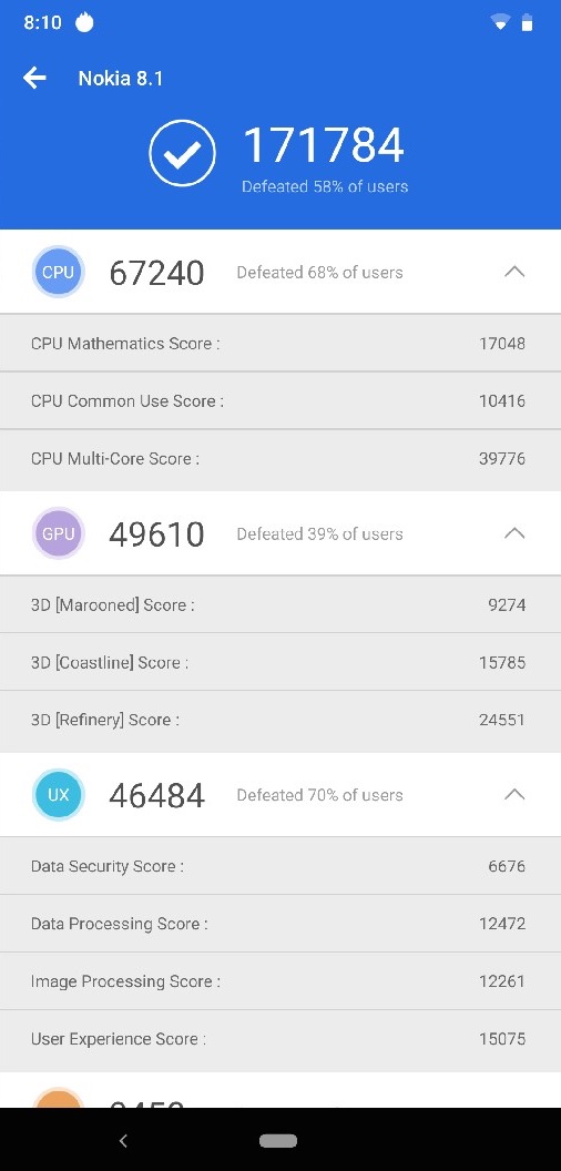 Screenshot of Nokia 8.1 AnTuTu benchmark results