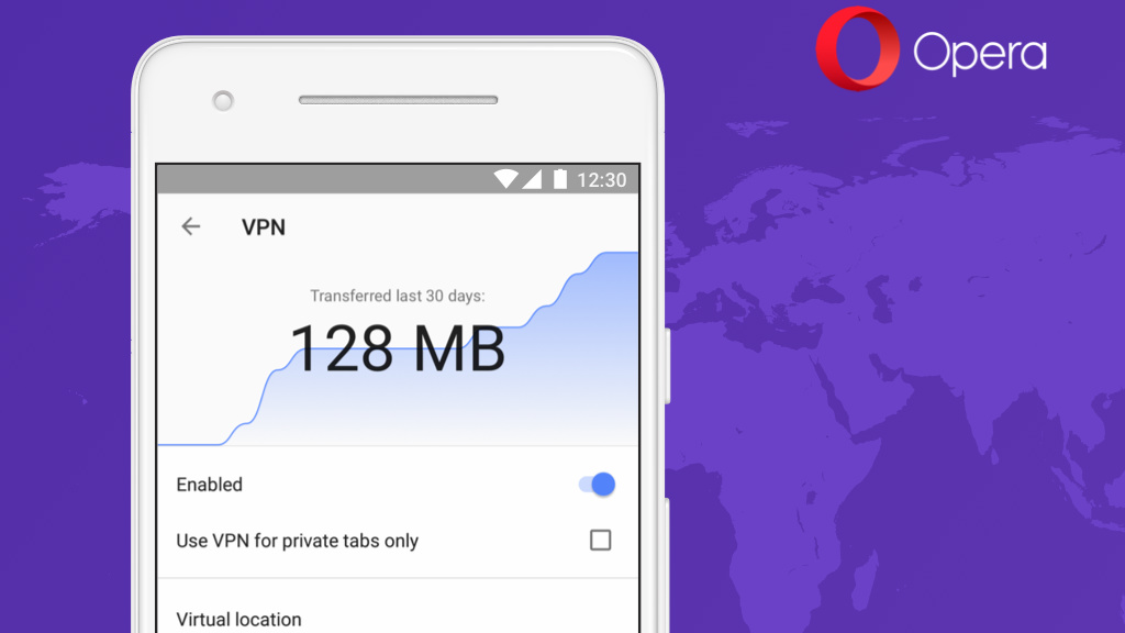 Opera's VPN promo render showing the network in use on a mobile device.