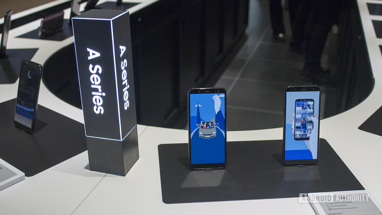 Two devices in the Samsung Galaxy A series, as seen at the Samsung Experience Store in Long Island.