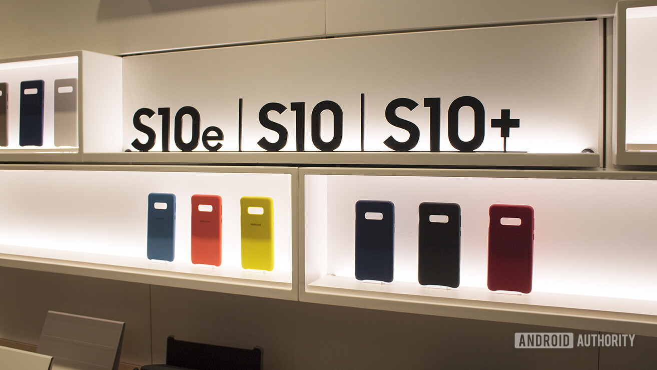 A wall display of Samsung Galaxy S10 cases, as seen at the Samsung Experience Store in Long Island.
