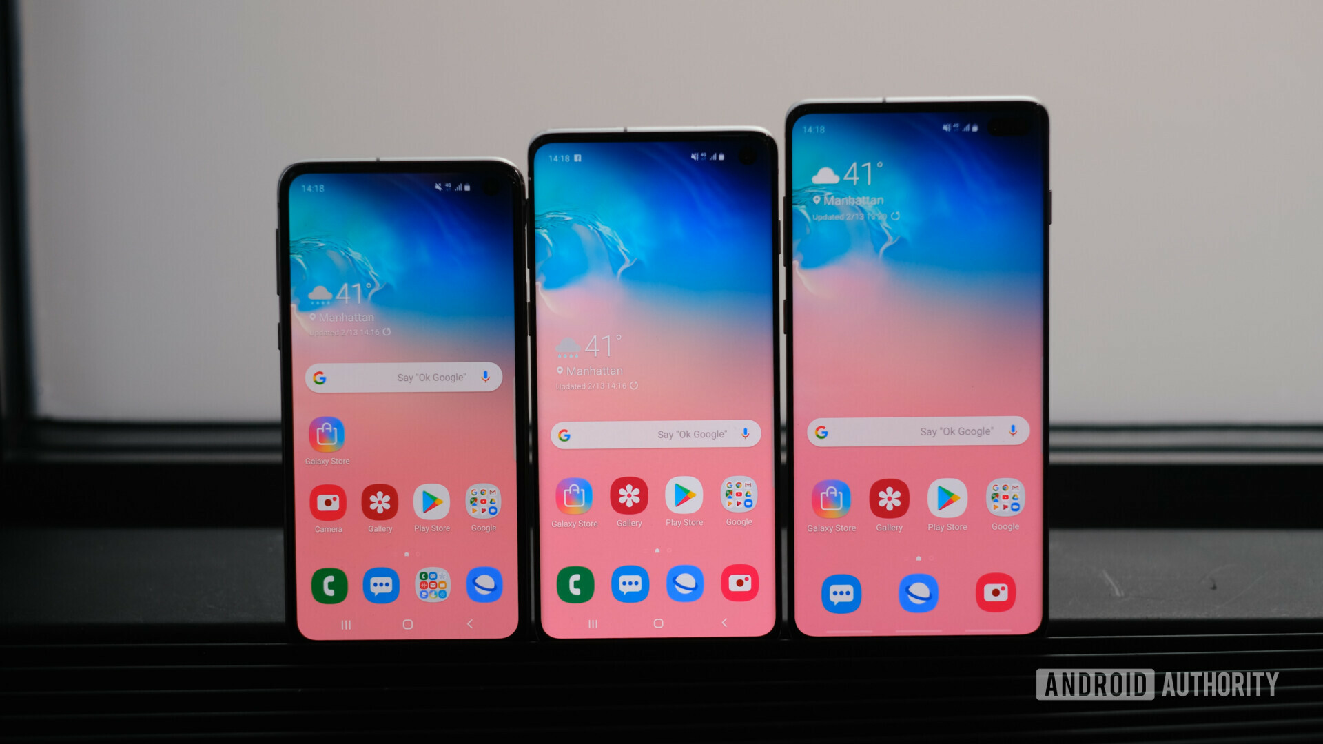 Front side photo of the Samsung Galaxy S10e, S10, and S10 Plus standing upright next to each other.
