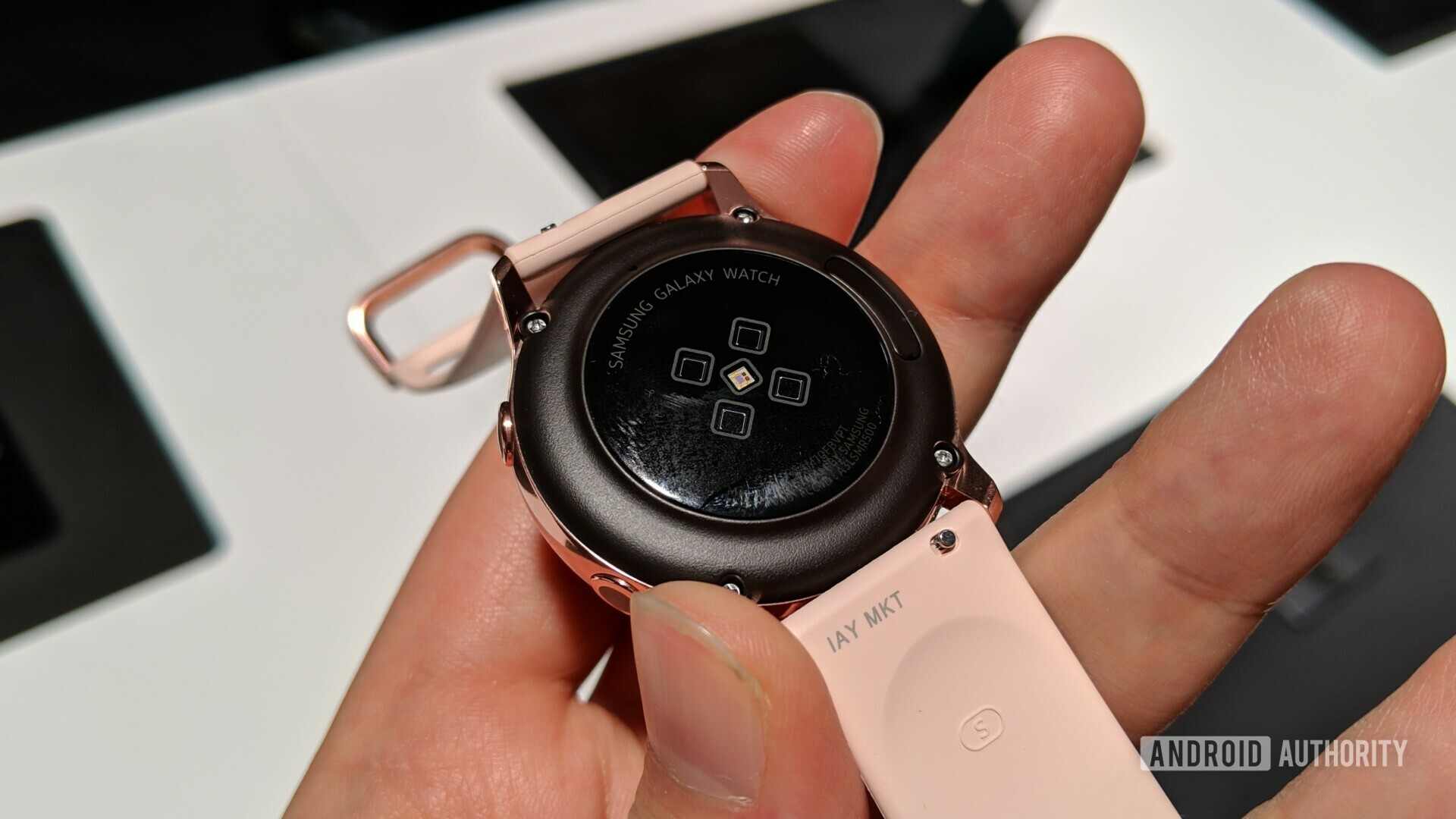 Photo of the heart rate sensor on the Samsung Galaxy Watch Active.