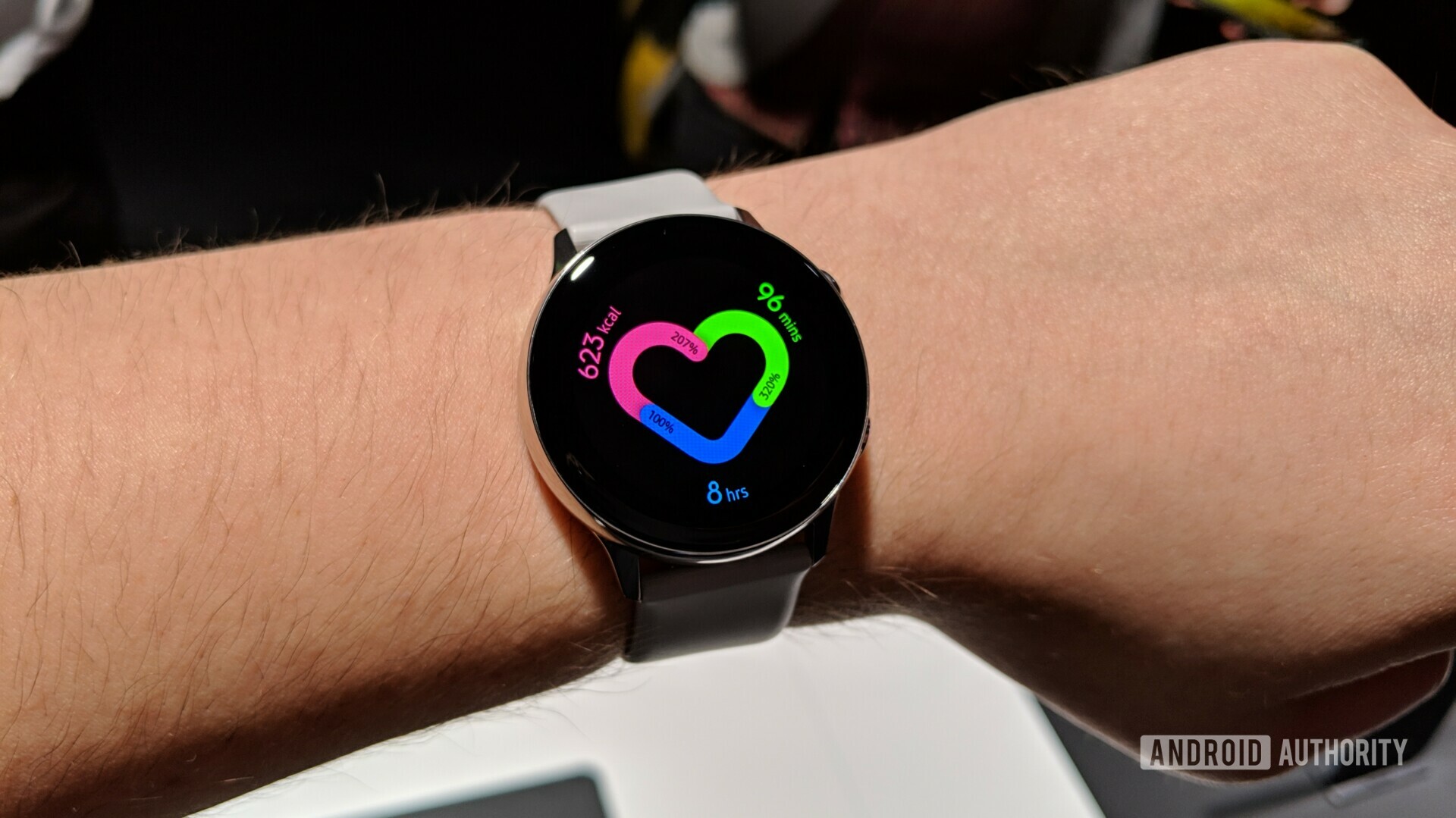 Photo of the Samsung Galaxy Watch Active placed on a hand.