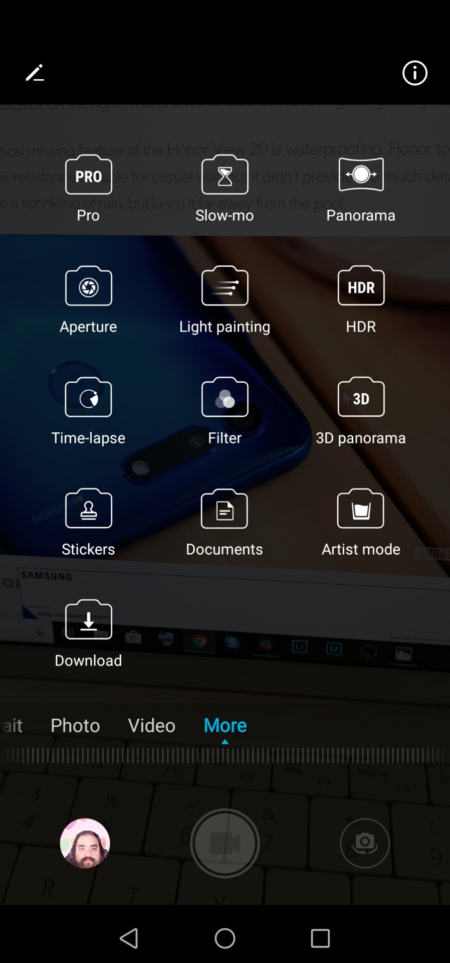 Screenshot of the HUAWEI View 20 camera settings menu