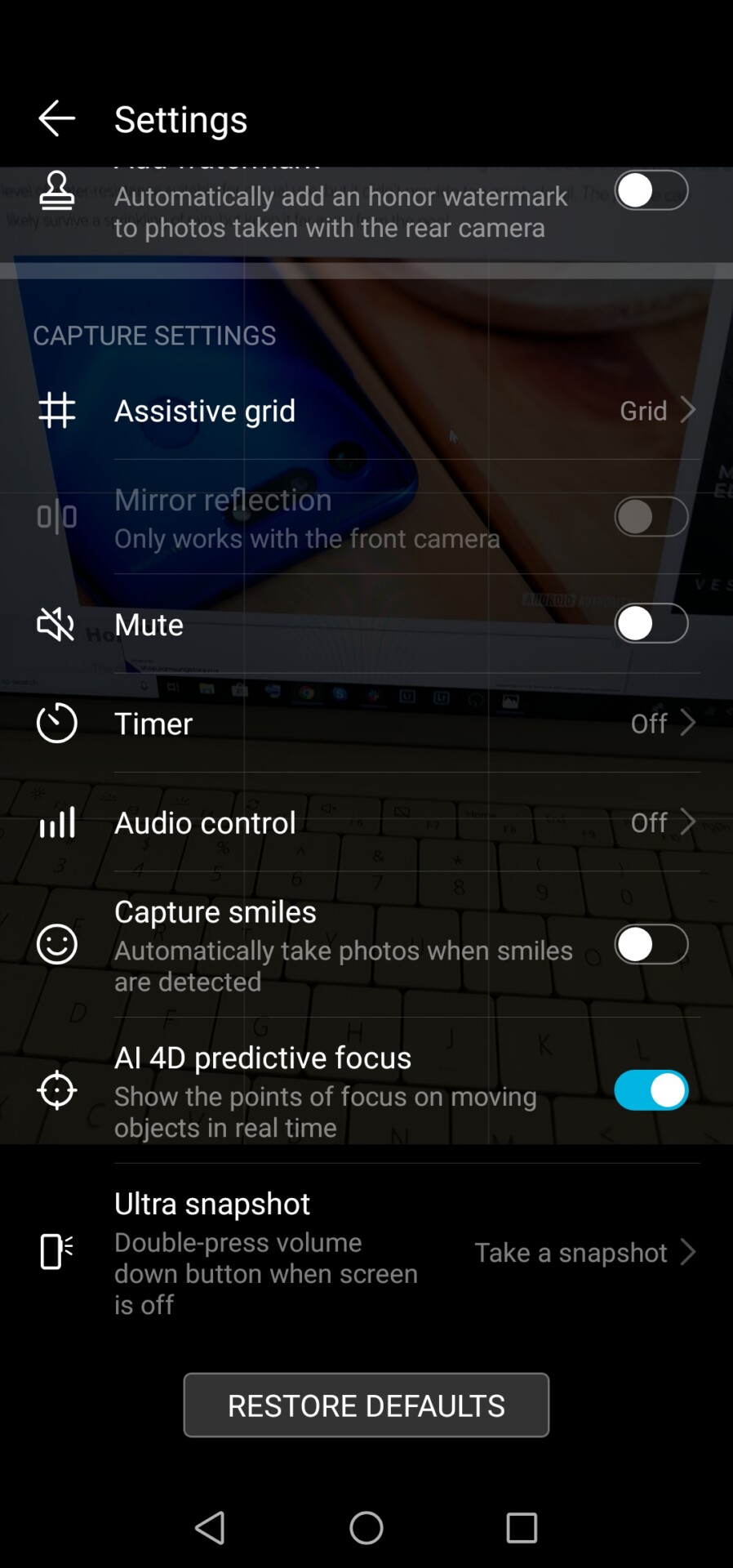 Screenshot of the HUAWEI View 20 camera settings menu