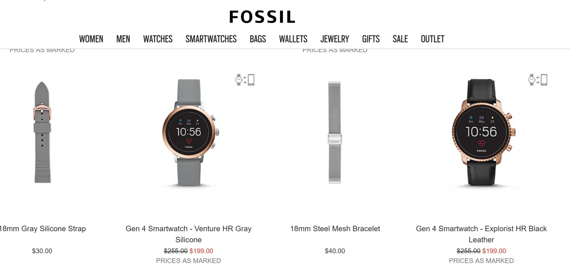 Fossil's smartwatch homepage.