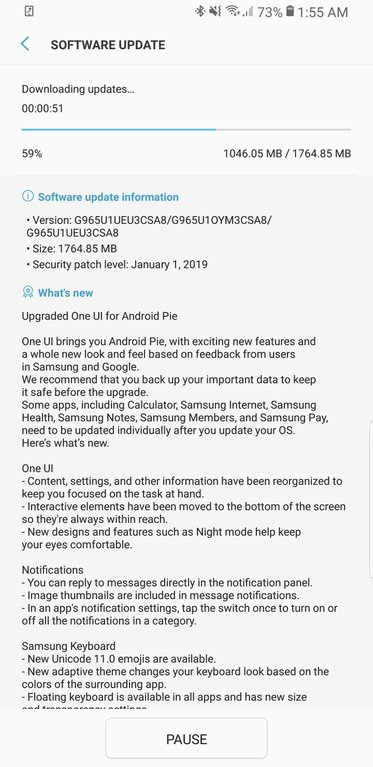 Samsung Galaxy S9 Plus unlocked Android Pie update screenshot.