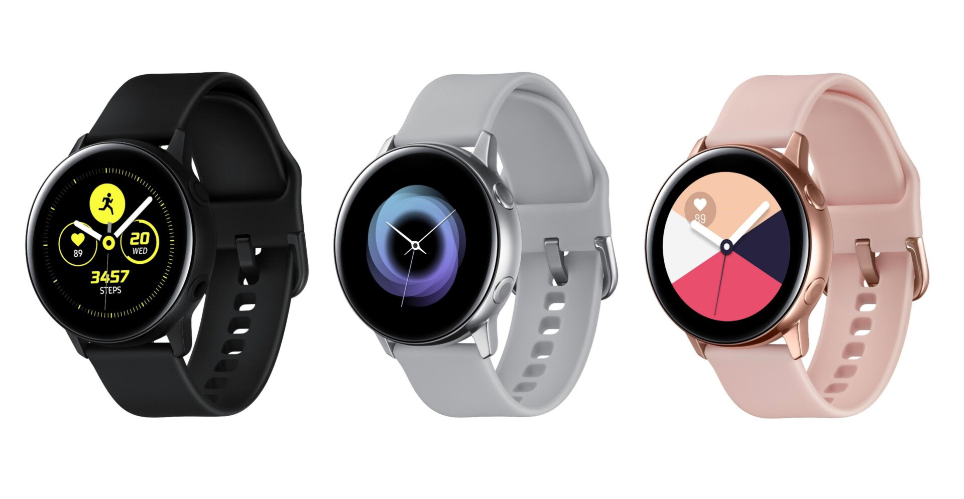 The Samsung Galaxy Watch in silver, black, and rose gold. 