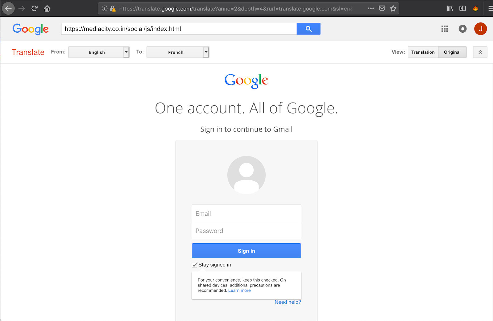 A phishing website using Google Translate.