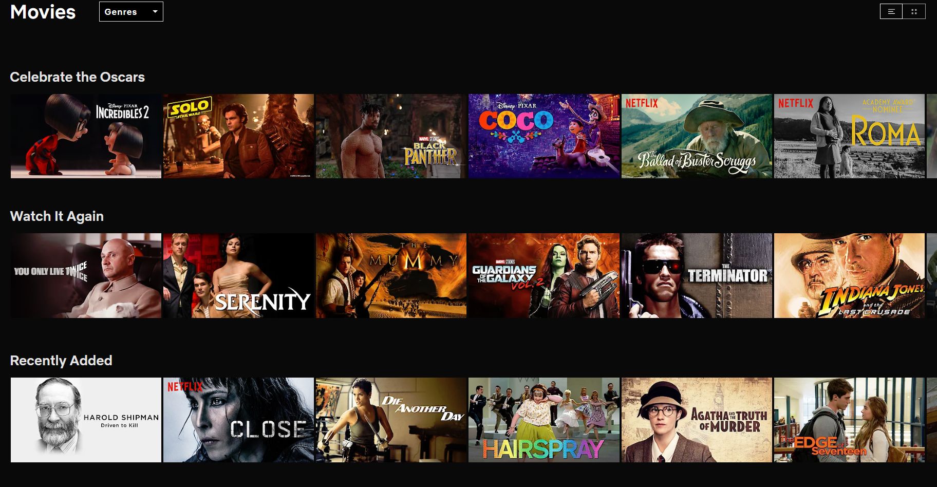 Screenshot of Netflix 4k Ultra HD movie list