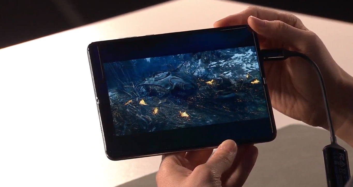 Photo of the Samsung Galaxy Fold playing a video.