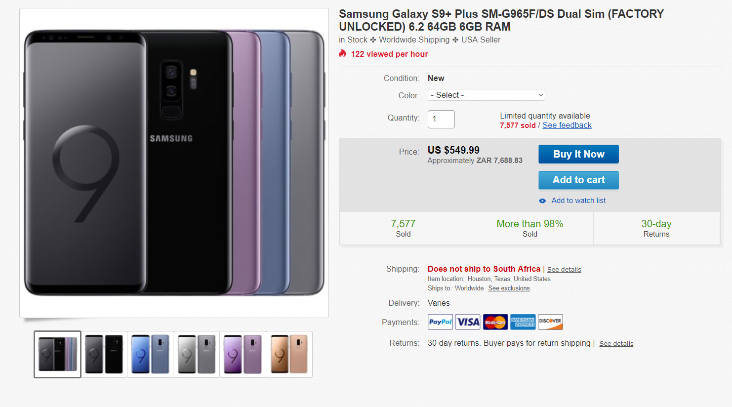 The Samsung Galaxy S9 Plus eBay listing.