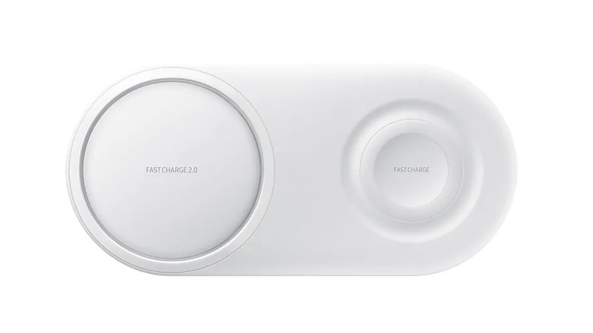 White Samsung wireless duo charging pad from above on a white background.