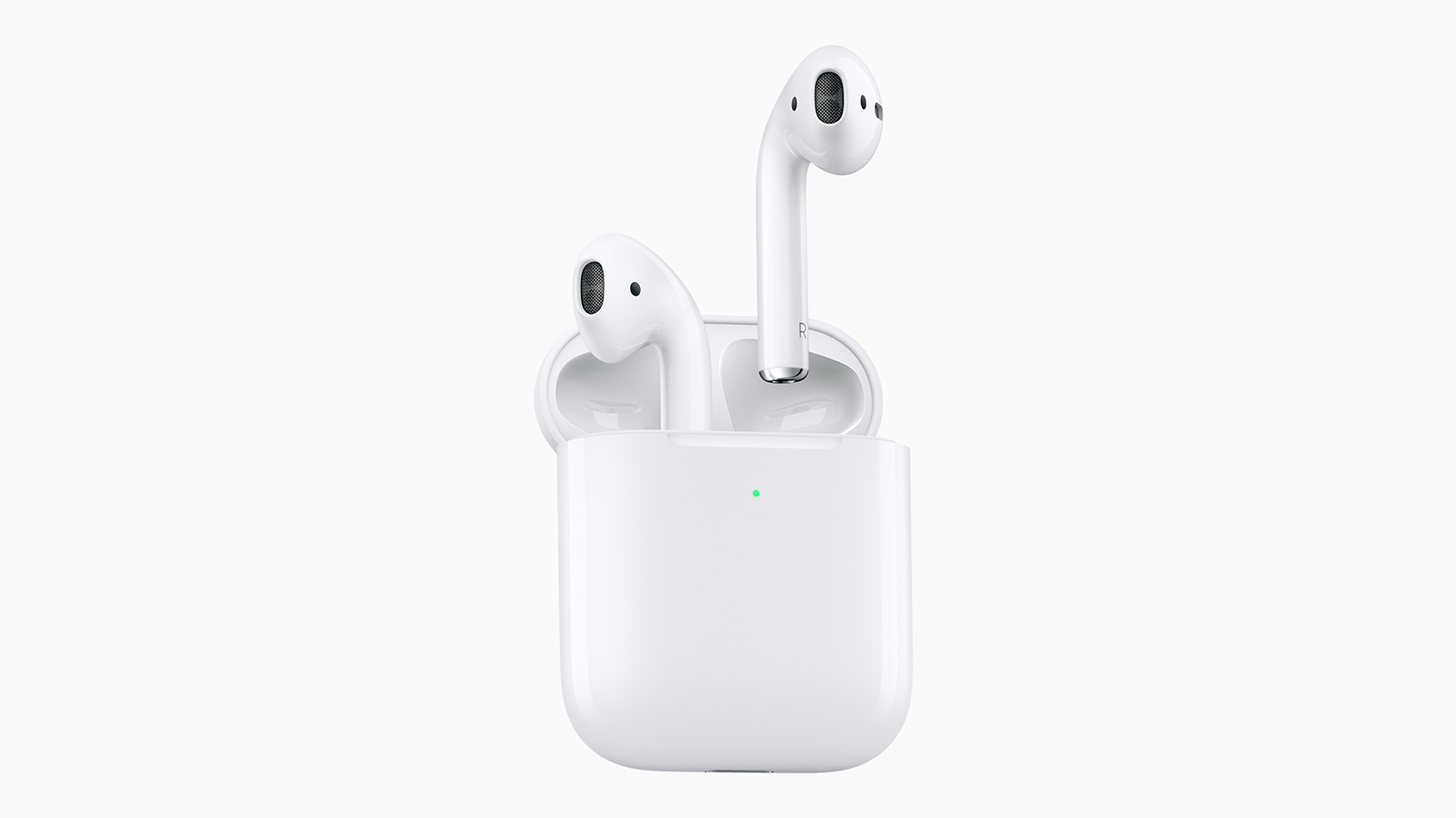 Product image of the second-generation AirPods coming out of the case against a white background.