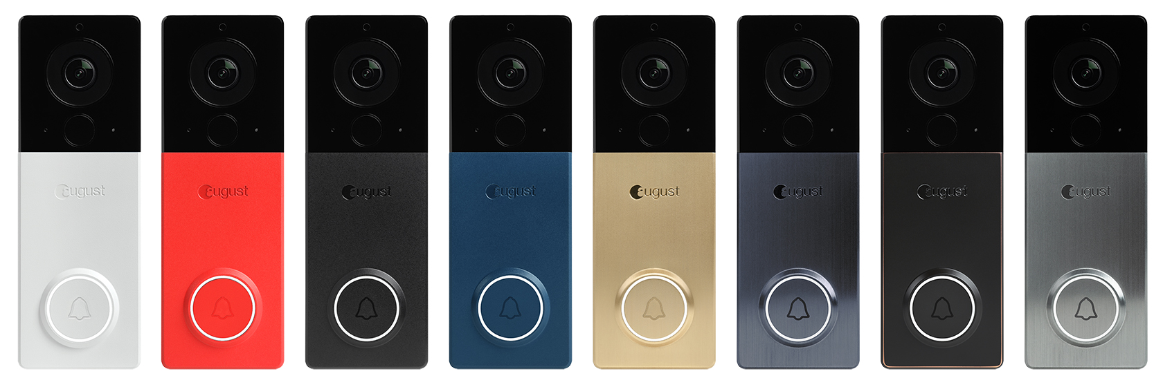 A promotional image of the eight different faceplate options available with the August View smart wireless video doorbell.