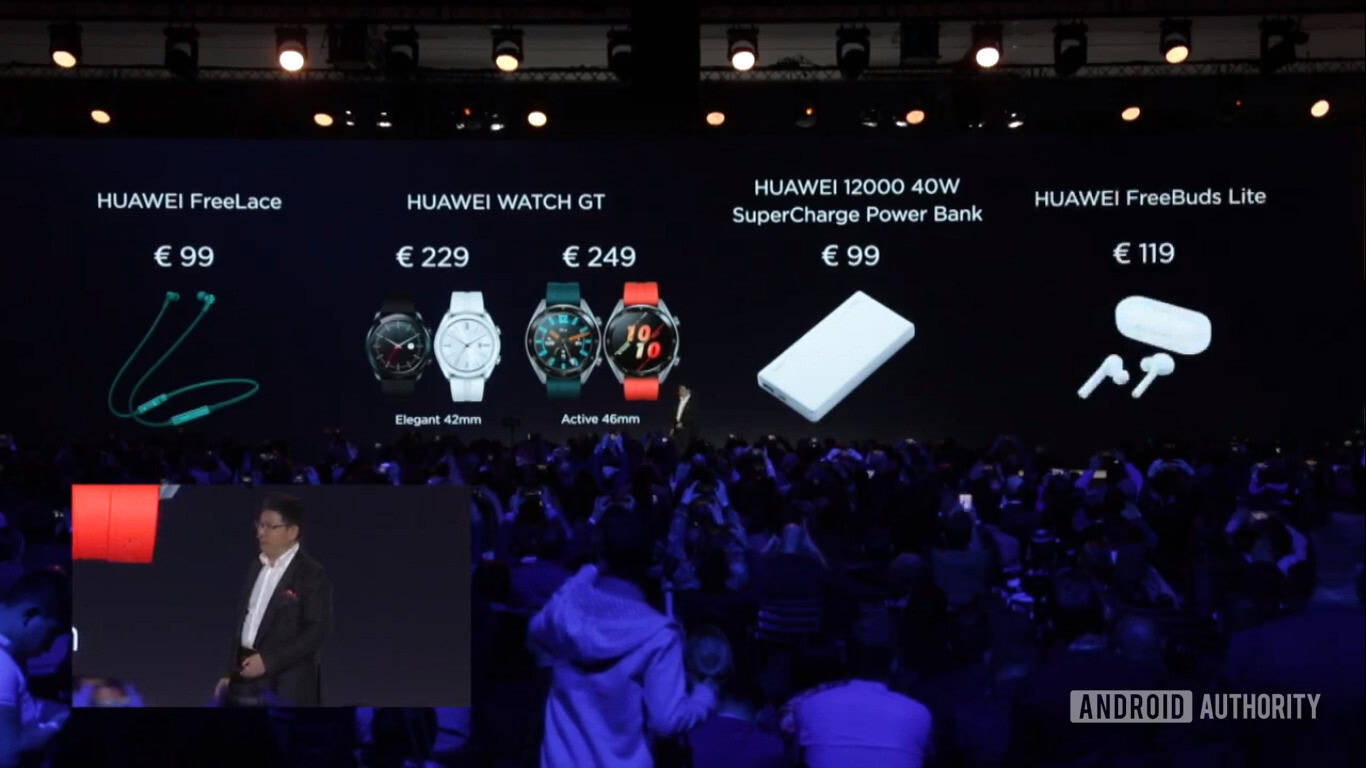 Image of the HUAWEI FreeLace FreeBuds Lite Watch GT and Super Powerbank pricing from the launch event stage.