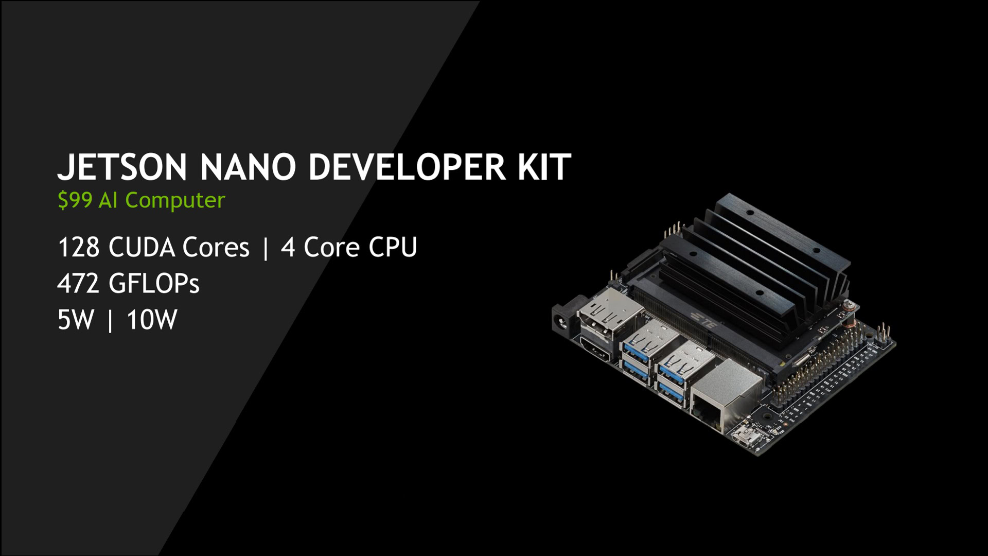 Promo photo of the new NVIDIA Jetson Nano alongside the specs and price info.