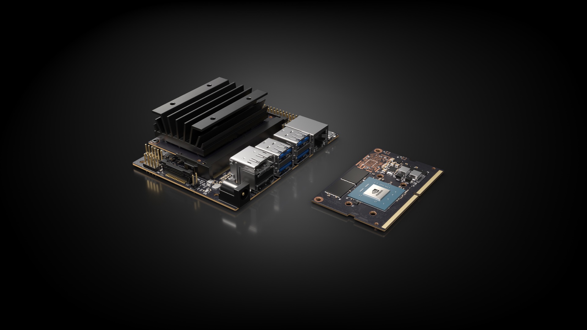 Photo of the NVIDIA Jetson Nano showing its ports, against a black gradient background.