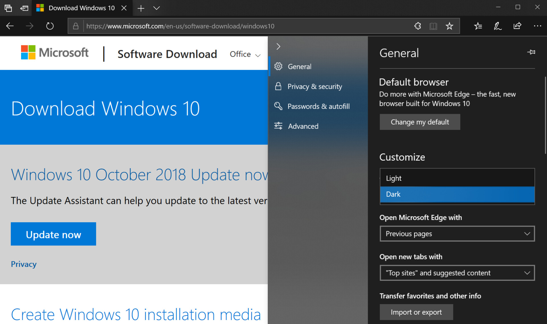 Microsoft Edge customize menu - How to enable dark mode in Windows 10