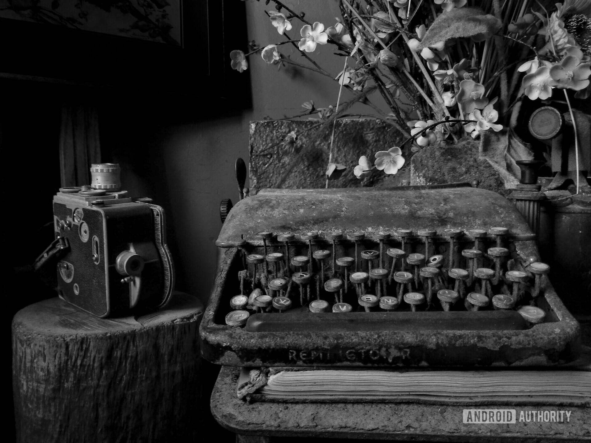 Vintage typewriter and camera
