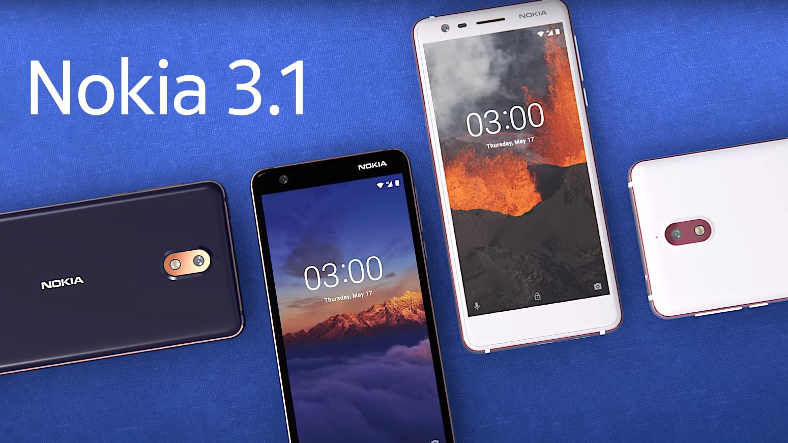 Promotional imagery of the Nokia 3.1 smartphone.