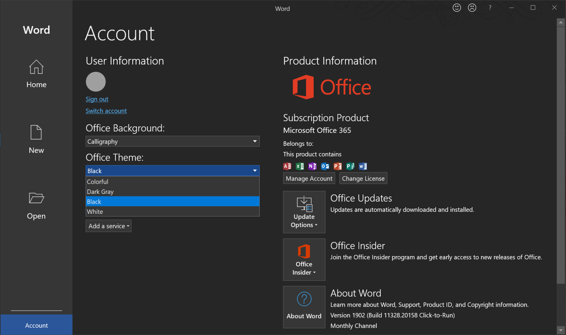 Microsoft Word account settings - How to enable dark mode in Windows 10