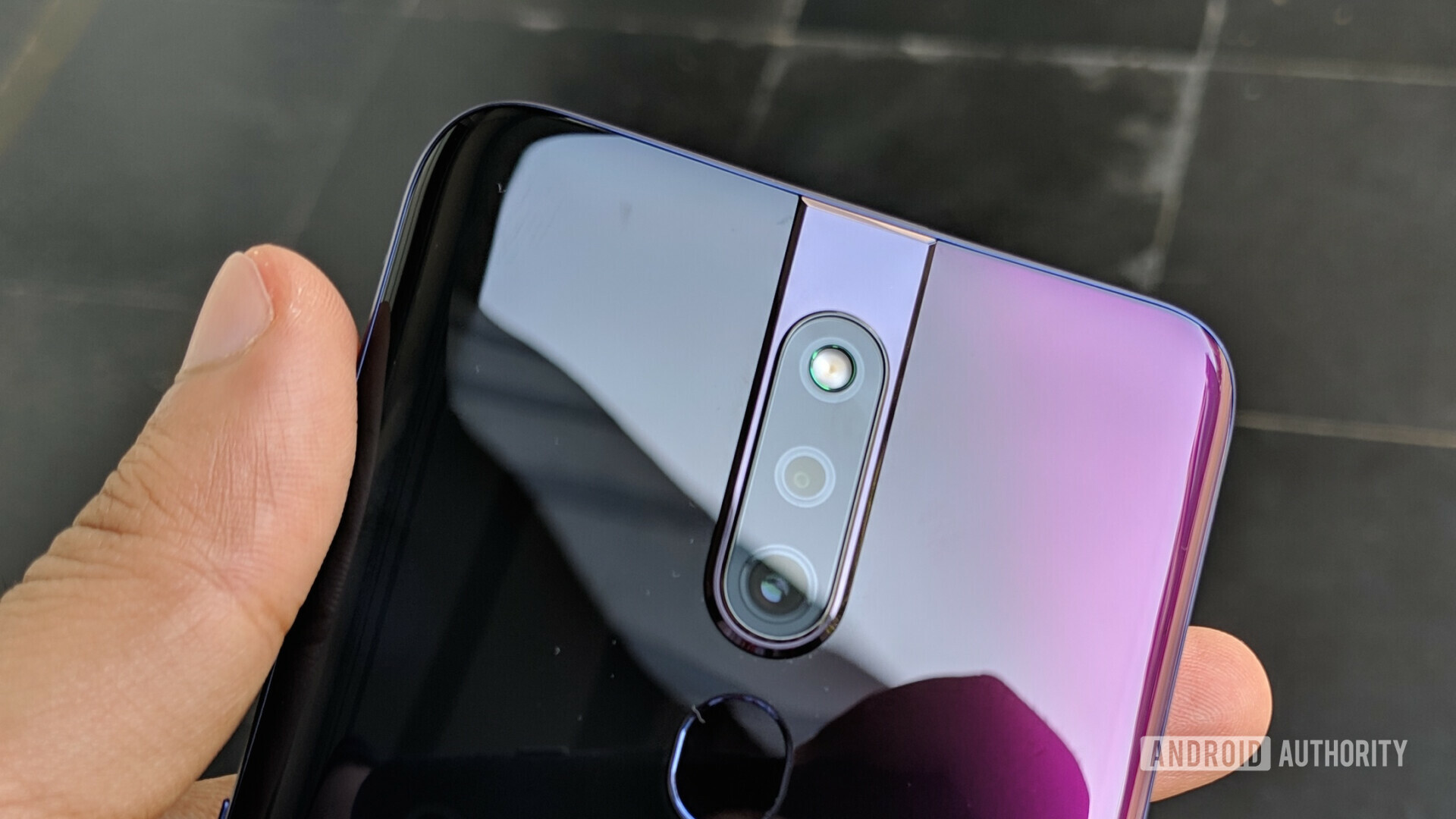 Back upper side of the OPPO F11 Pro focusing on the dual cameras