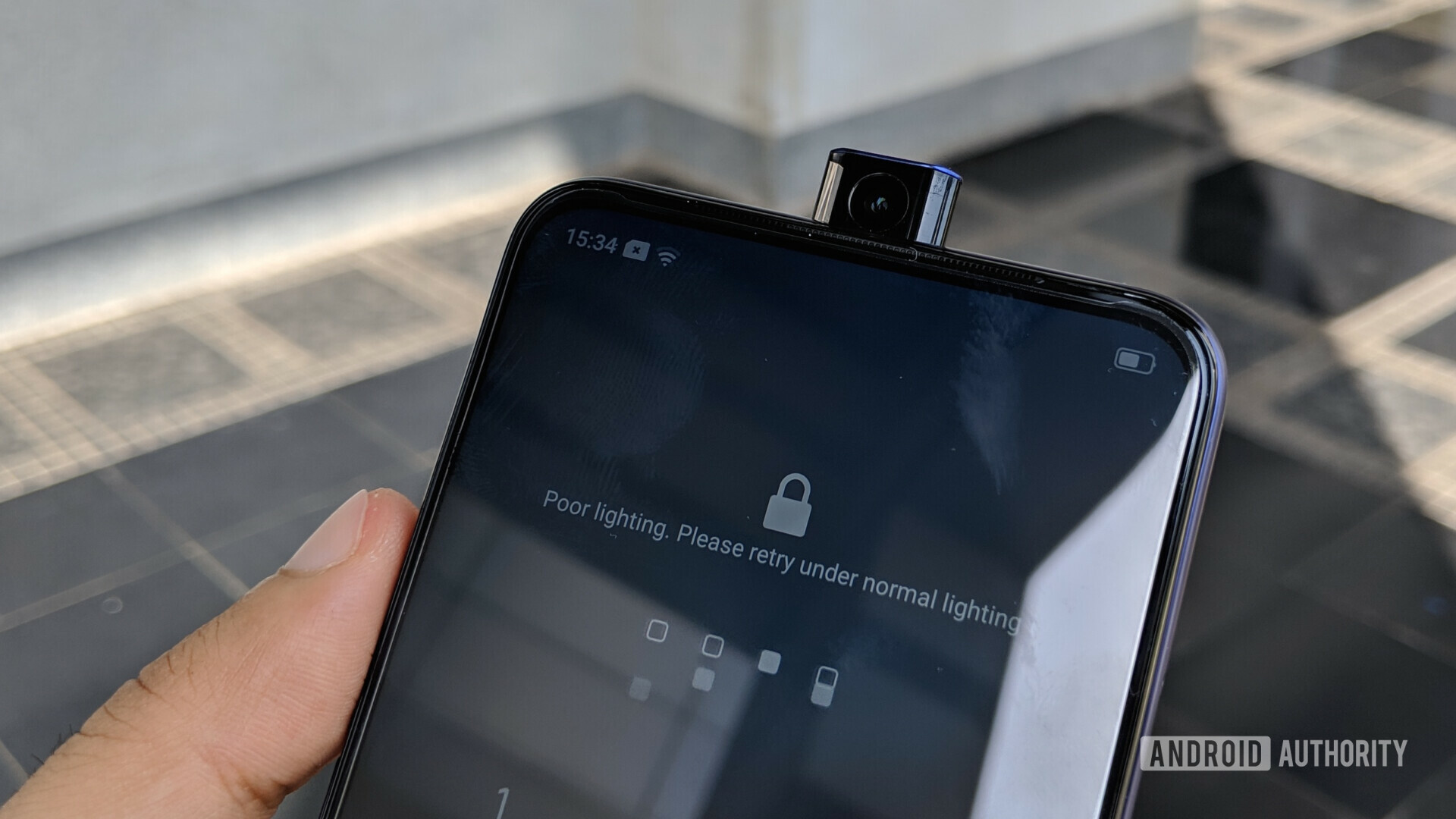 Front upper side of the OPPO F11 Pro focusing on the pop-up selfie camera