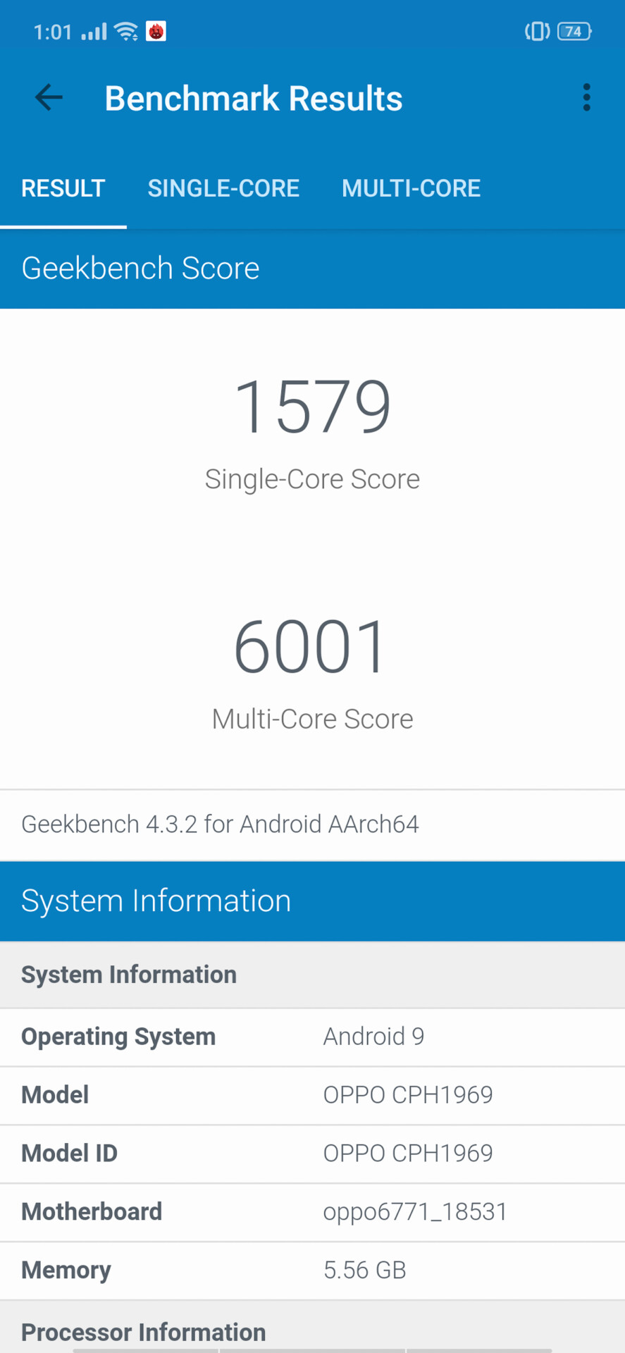 Screenshot of the Oppo F11 Pro Geekbench benchmark results