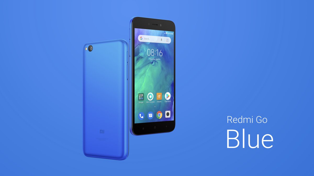Front and back side of a blue Redmi Go that is launched in India.