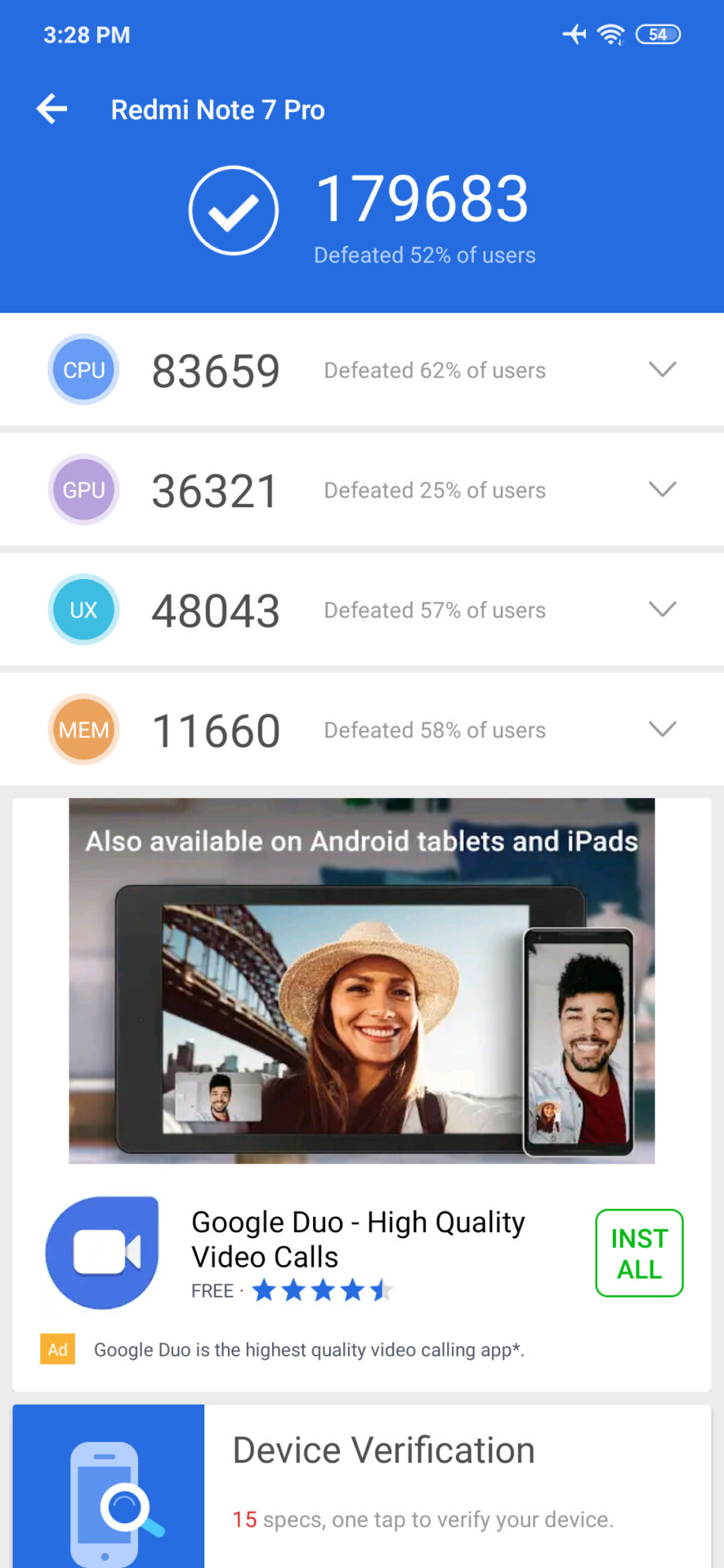 Screenshot of Redmi Note 7 Pro AnTuTu benchmark results.