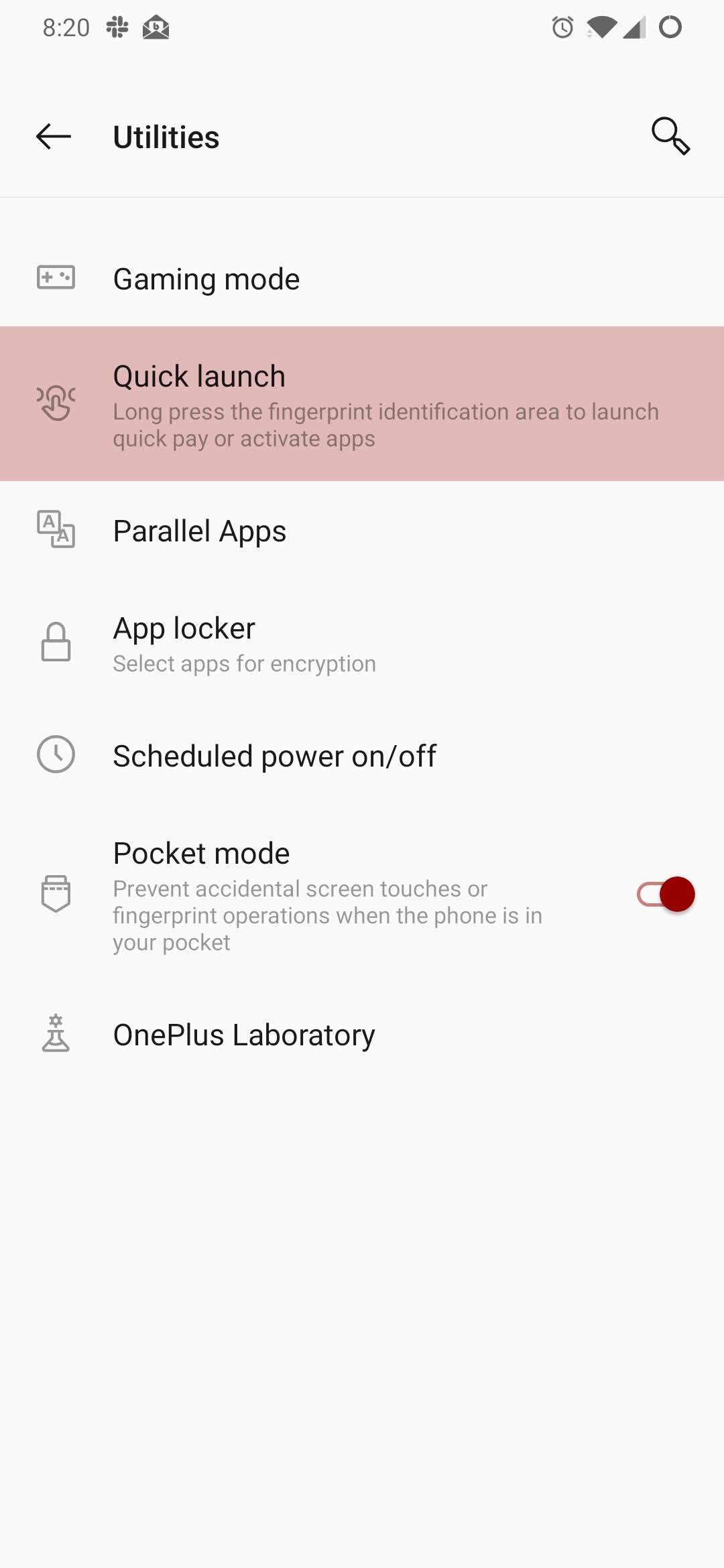 Quick Launch settings on the OnePlus 6T.