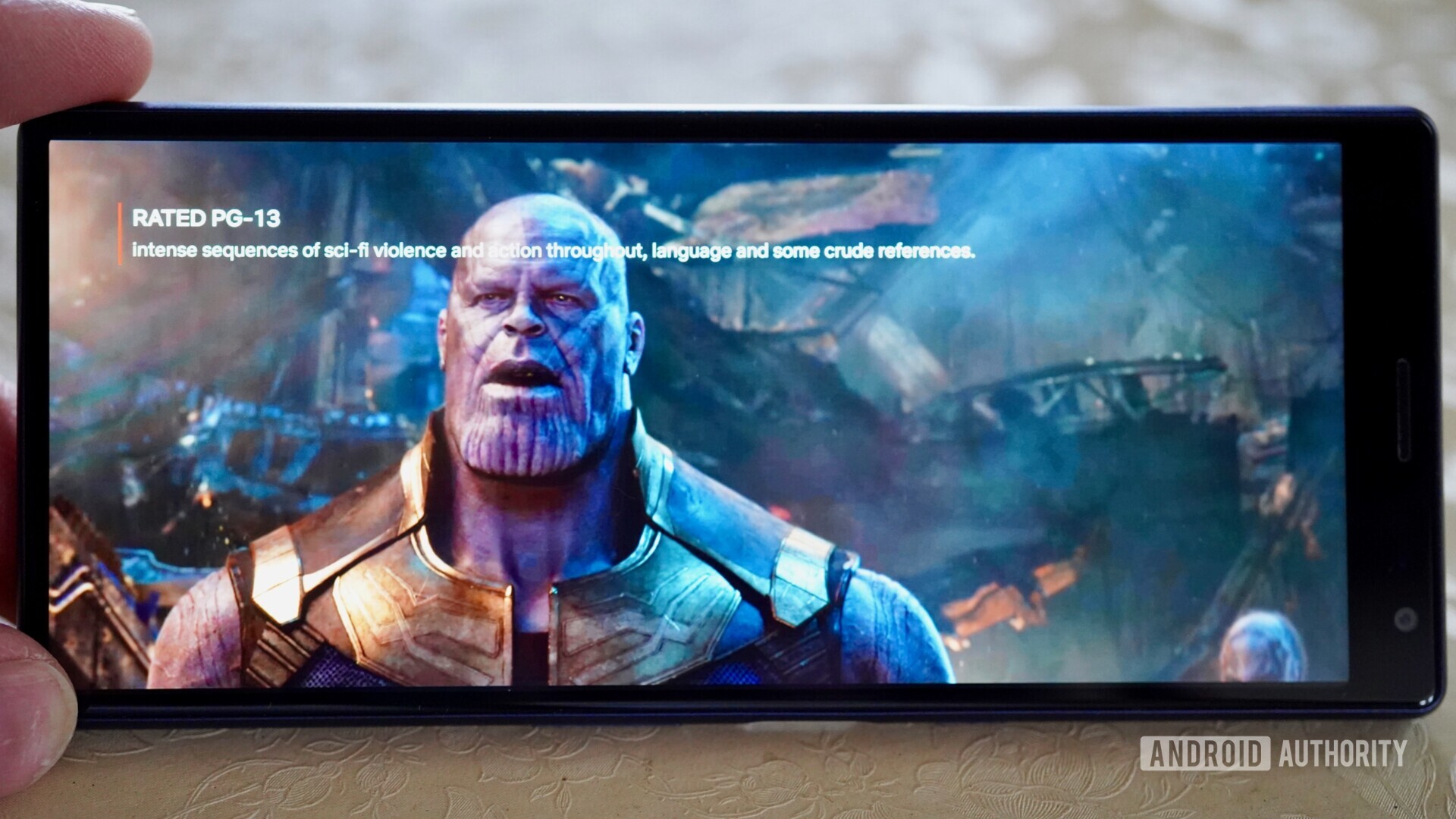 Front side of the Sony Xperia 10 Plus playing the &quot;Avangers - Infinity War&quot; movie.