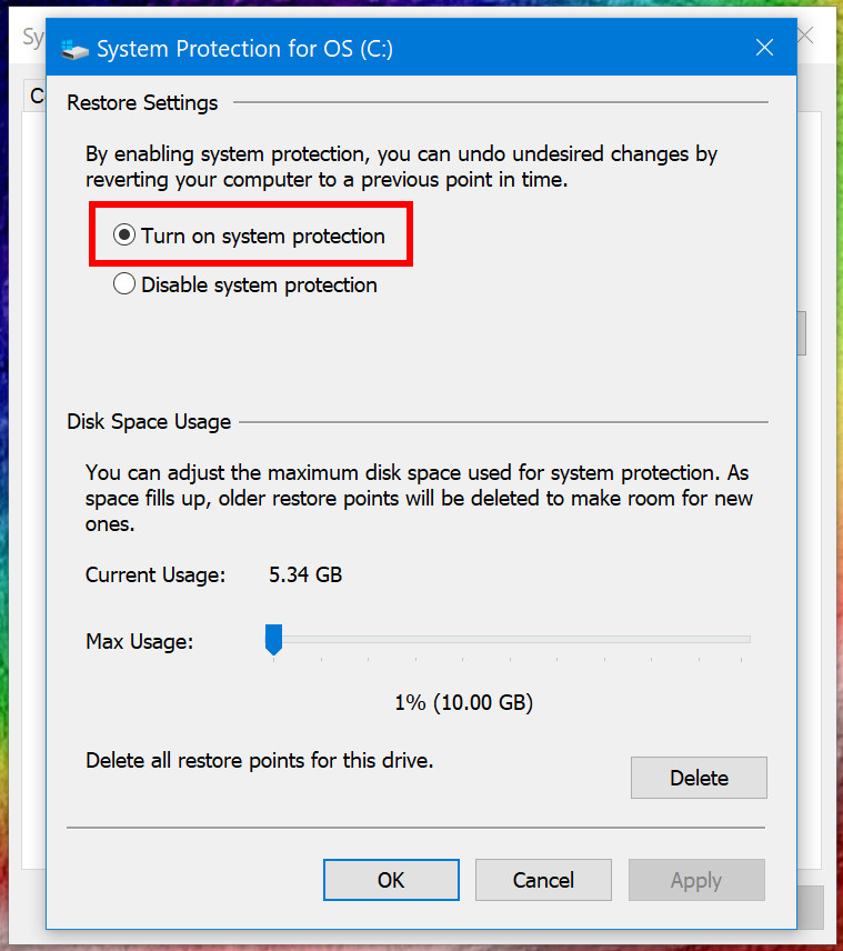 Windows 10 System Protection for OS menu - how to do a System Restore on Windows 10