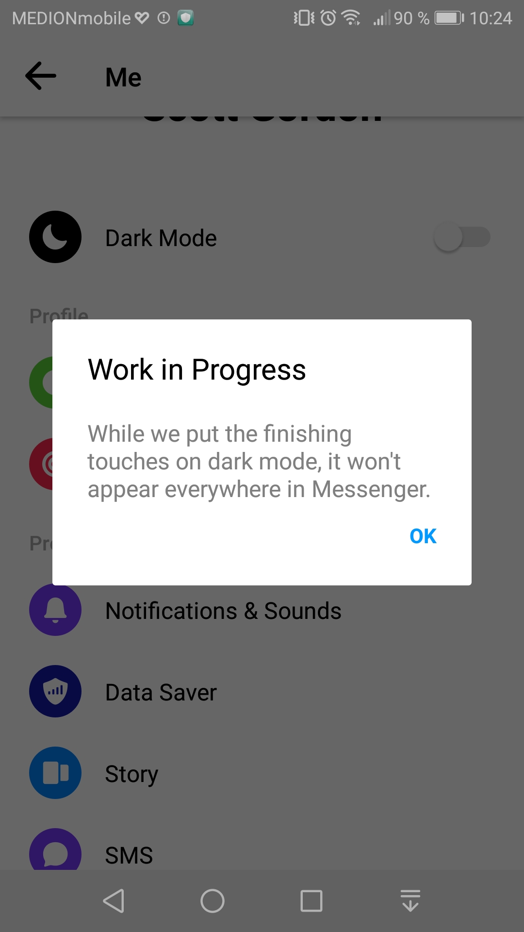 Facebook Messenger dark mode screenshot