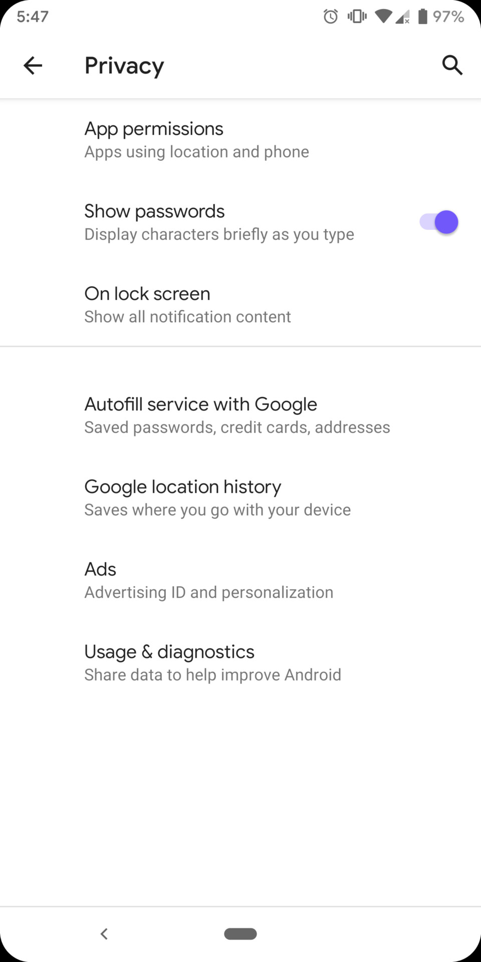 Screenshot of the Android Q developer preview lockscreen privacy menu