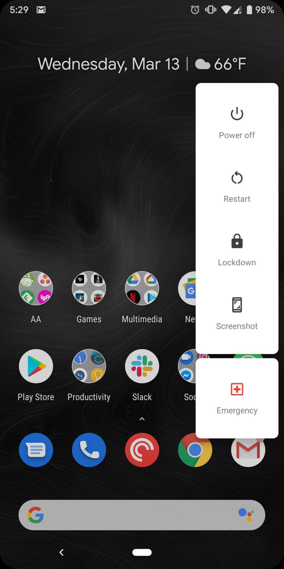 Screenshot of the Android Q developer preview emergency power button menu.