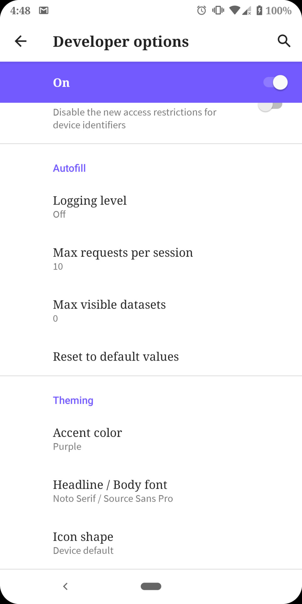 Screenshot of Android Q developer options menu