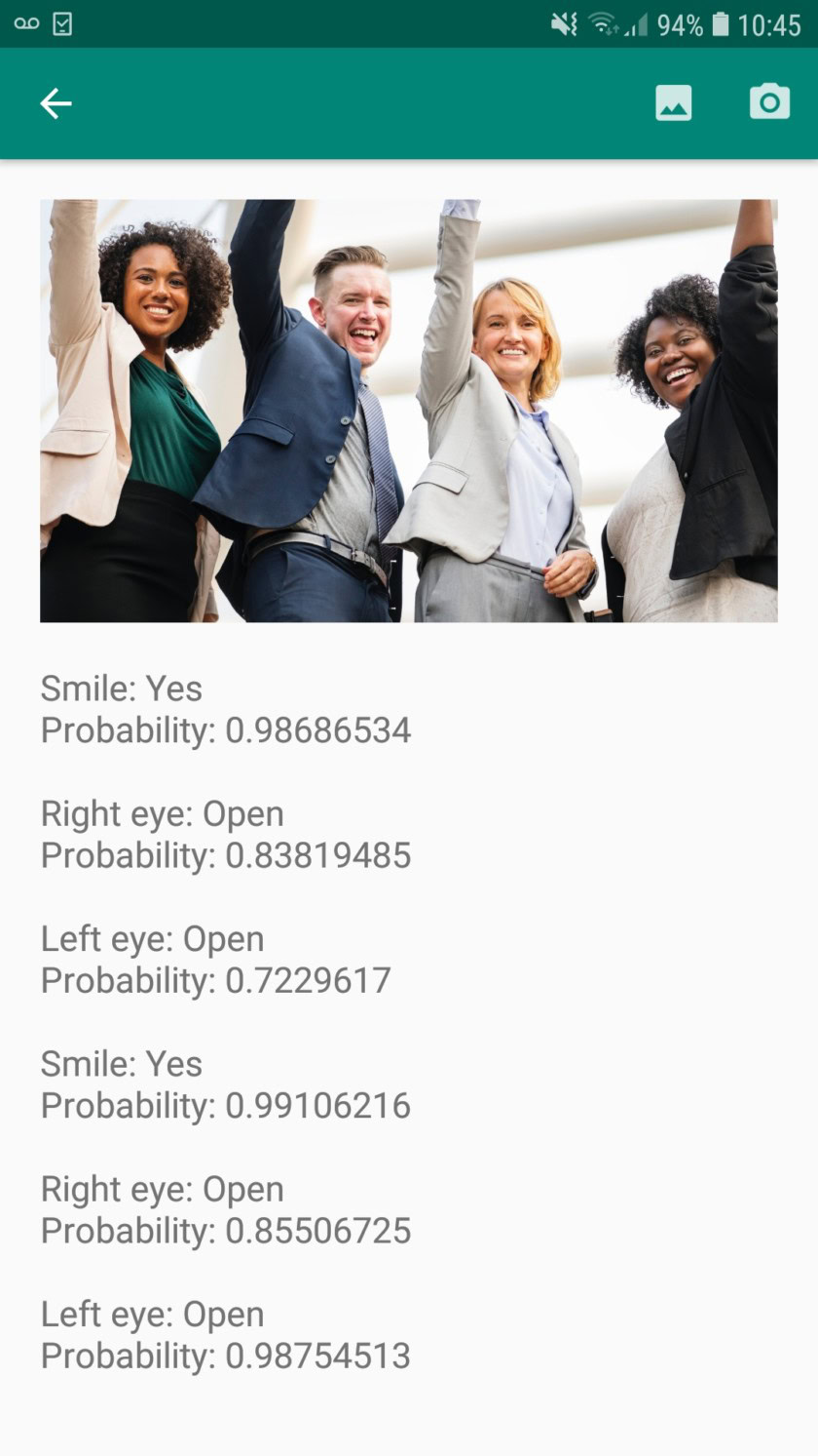 screenshot of a face detection machine learning app on android