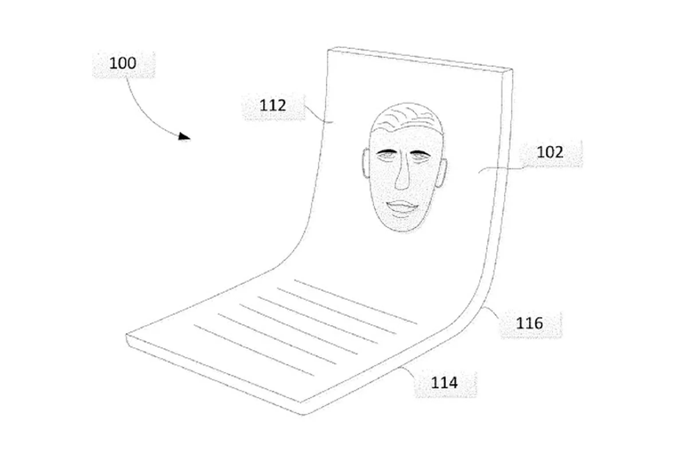 A Google folding device patent showing an upright, folding phone with a drawing of a face on the display.