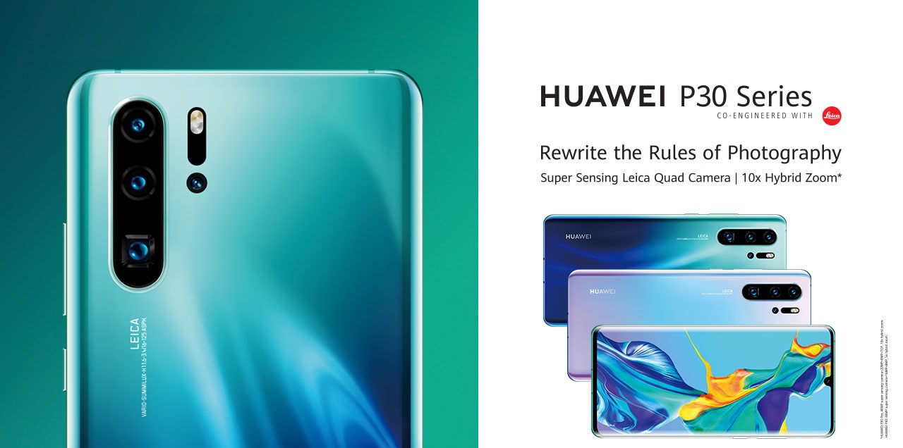HUAWEI P30 Pro renders featuring a large shot of the P30 Pro on the left and several stacked devices on the right.