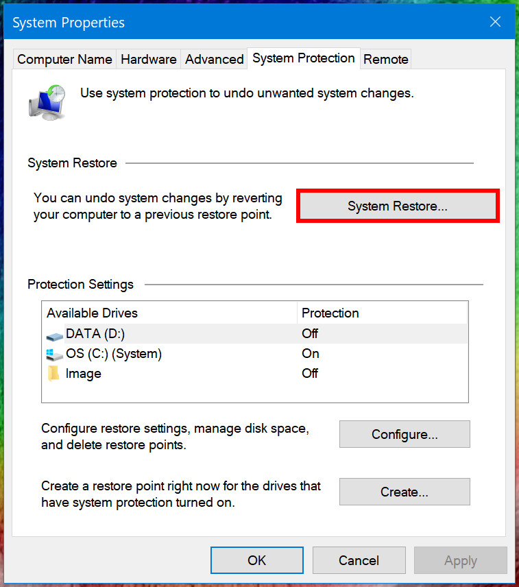 Windows 10 System Properties - how to do a System Restore on Windows 10