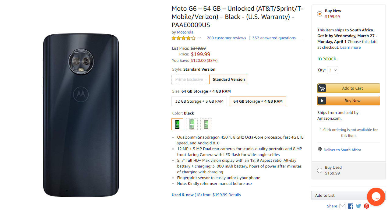 The Moto G6 Amazon page.