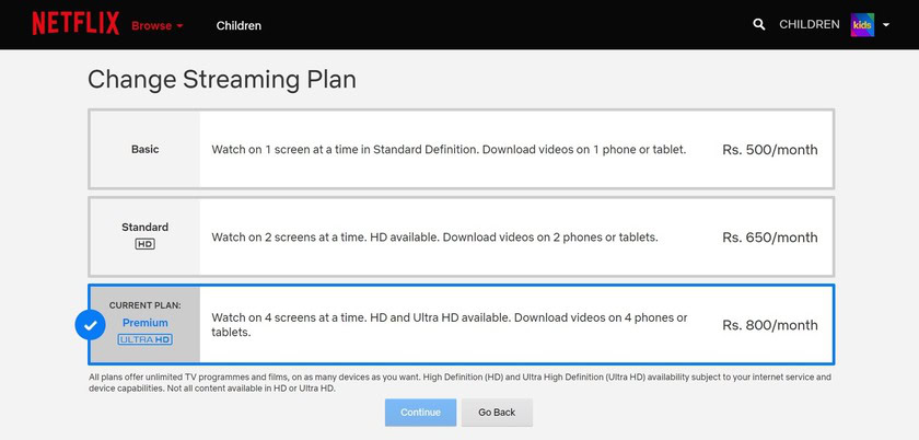 List of Netflix subscription plans including: Basic, Standard and Premium which supports streaming 4k Ultra HD content.