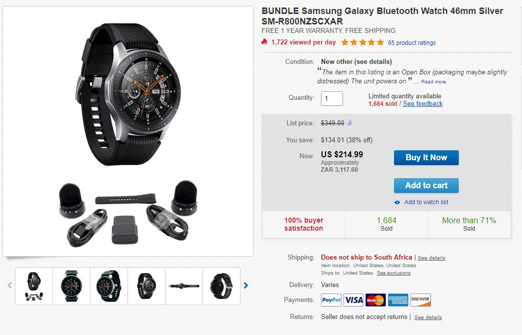 The Samsung Galaxy Watch listing on eBay.